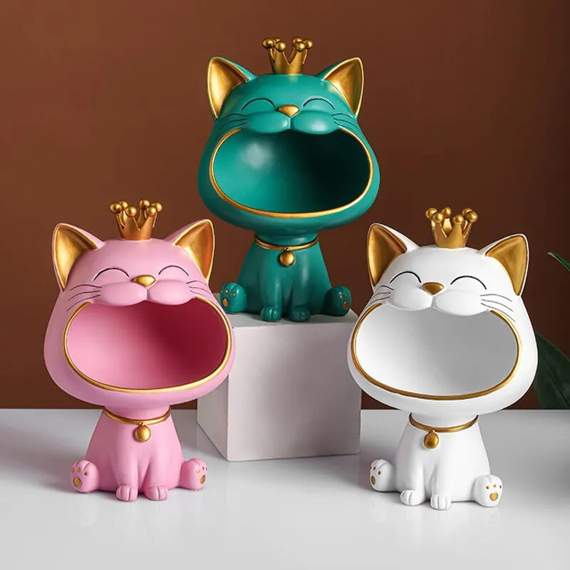Fortune Crown Big Mouth Cat Entrance Key Storage Tray Decorative Ornament, Light Luxury Housewarming Gift Sculpture