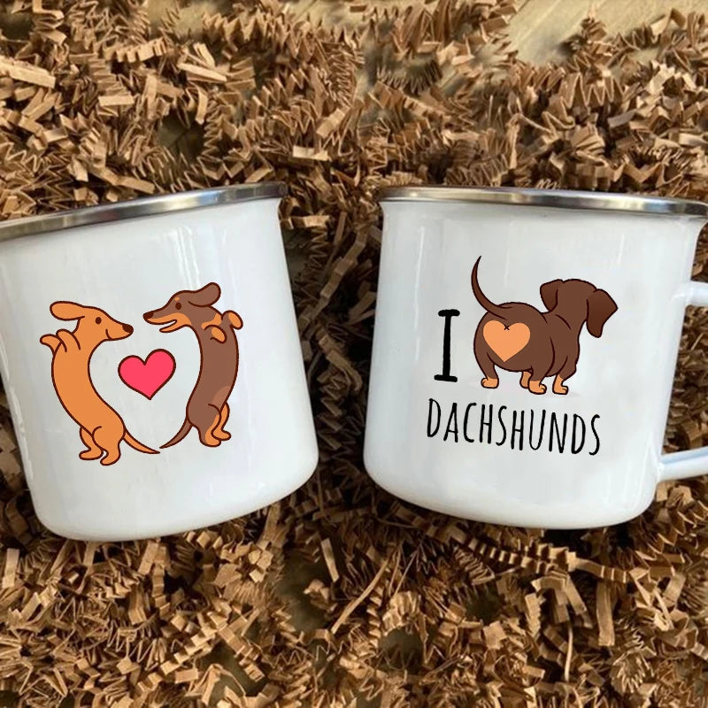 I Love Dachshunds Printed Enamel Mug Creative Glass Coffee Drinks Dessert Milk Cup Glass Vintage Heatable Handle Drinkware Gifts