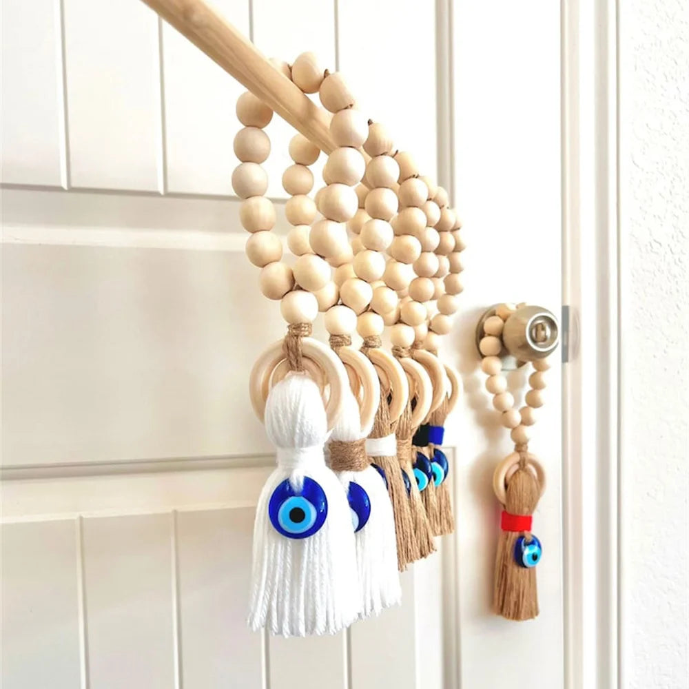 Wooden Guardian Amulet Tassel with Glass Evil Eye Bead Door-Knob Handle Hanging Modern Home Aesthetic Décor Home Decor Gift