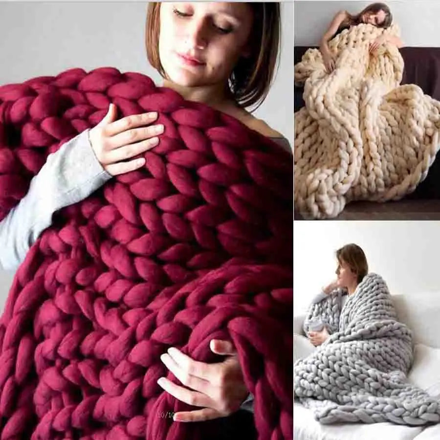 Chunky Merino Wool Blanket Thick Large Yarn Roving Knitted Blanket Winter Warm Plaid Throw Blankets Sofa Bed Blanket