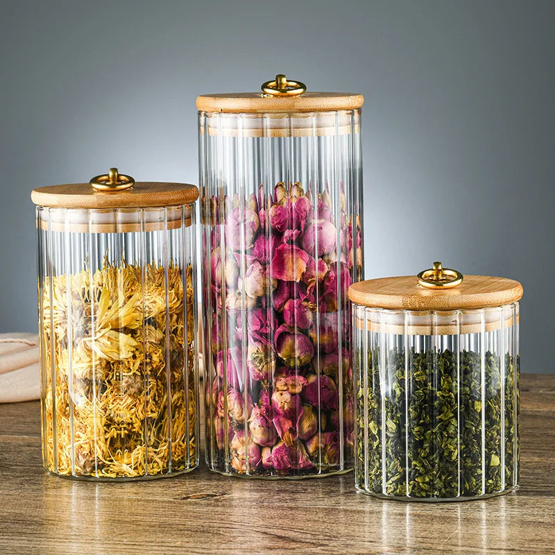Glass Food Jar with Sealed Bamboo Lid Kitchen Pantry Grains Cookie Coffee Tea Candy Snack Storage Bottle Jars Kitchen Canister