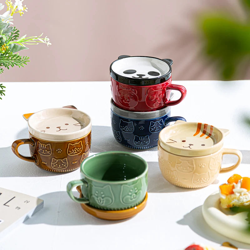 250ML Japanese Shiba Inu Ceramic Coffee Cup Saucer Cartoon Animal Breakfast Milk Cup Embossed Coffee Cup Afternoon Tea Supplies