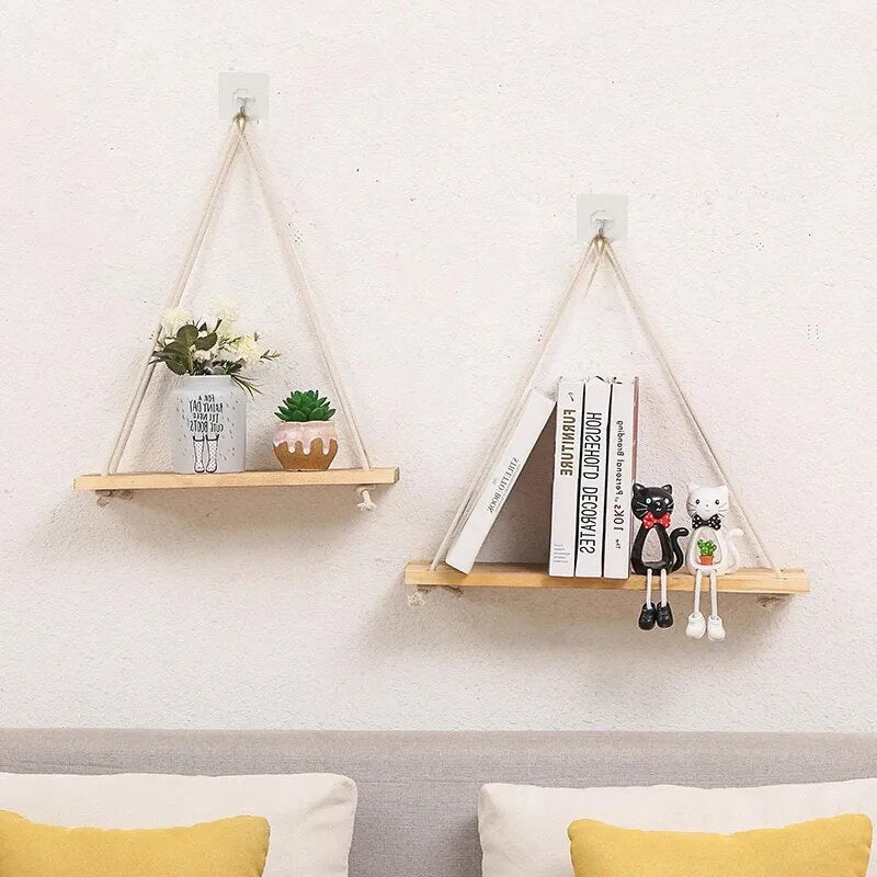 1Pc Wooden Wall Shelves Hemp Rope Swing Wall Hanging Plant Flower Pot Tray Morden Indoor Home Decoration Simple Design Shelves