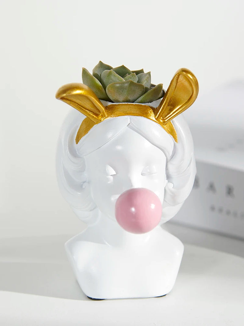 Small Cute Nordic Resin Human Head Golden Vase Woman Bubble Gum Vase Living Room Decoration Flower Arrangement Creative