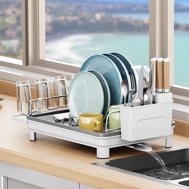 Kitchen Dish Drying Rack with Drainboard,Stainless Steel over Sink Dryer,Cup Utensils Holder,Plate Drainer Storage Organizer