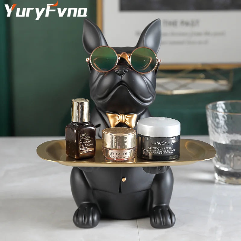 French Bulldog Figurine with Tray Sculpture Desk Storage Statue Decorative Coin Bank Home Room Abstract Art Decoration