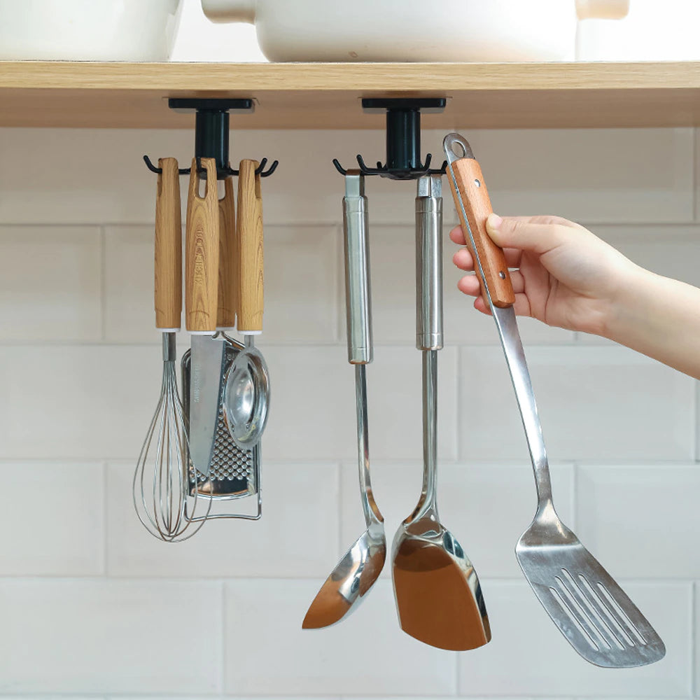 Kitchen Organizer Rack Utensil Holder Wall-Mounted Utensils Hanger Supplies Organizers Rotatable Rack with 6 Removable Hooks